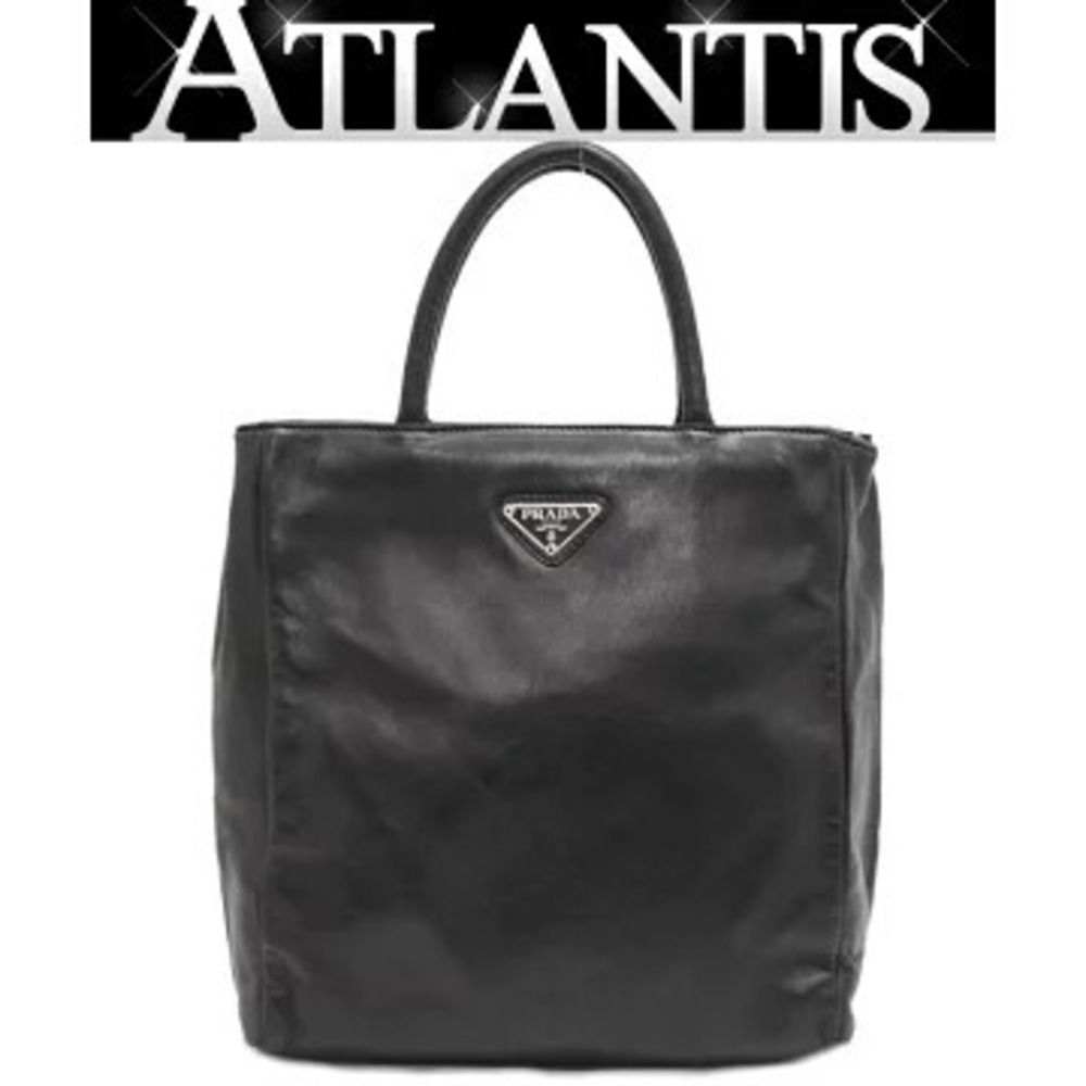 Prada Triangle Logo Handbag Tote Bag All Leather Black